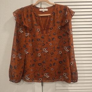 LOFT Fall Floral Split V-Neck Ruffle Blouse